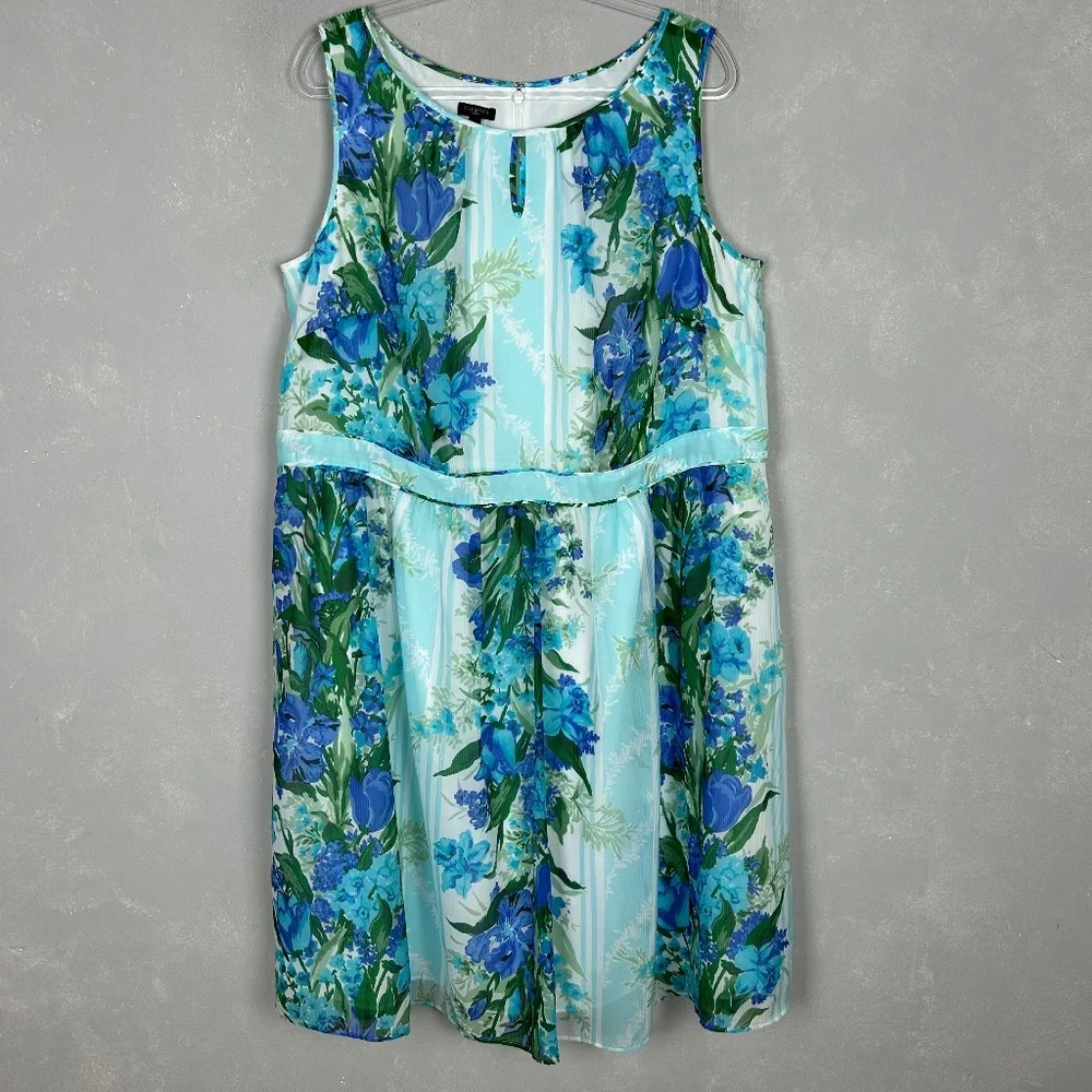 Talbots midi dress size 16W sleeveless fit & flare blue floral chiffon lined - Picture 1 of 11
